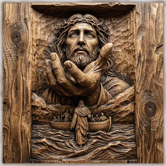 Religious bas-relief wood carving of Christ reaching forward above a boat scene