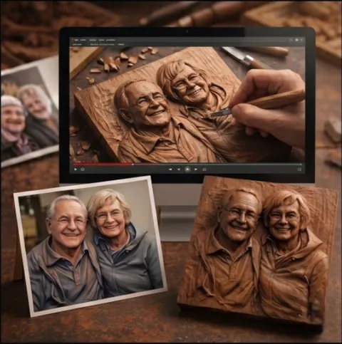 Custom bas-relief portrait process from family photo to digital sculpt and finished carved relief