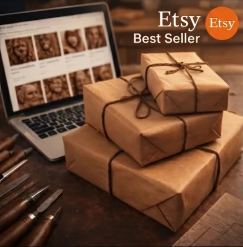 Laptop showing DigitalChiselCo Etsy listings beside wrapped parcels with Etsy best seller badge