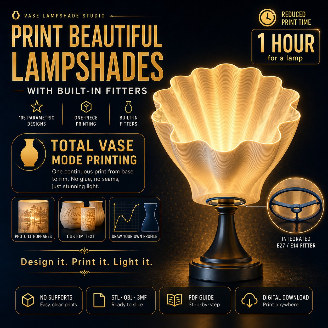 3D printable lampshade generator software — glowing vase mode lamp with built-in E27 fitter printed in one piece