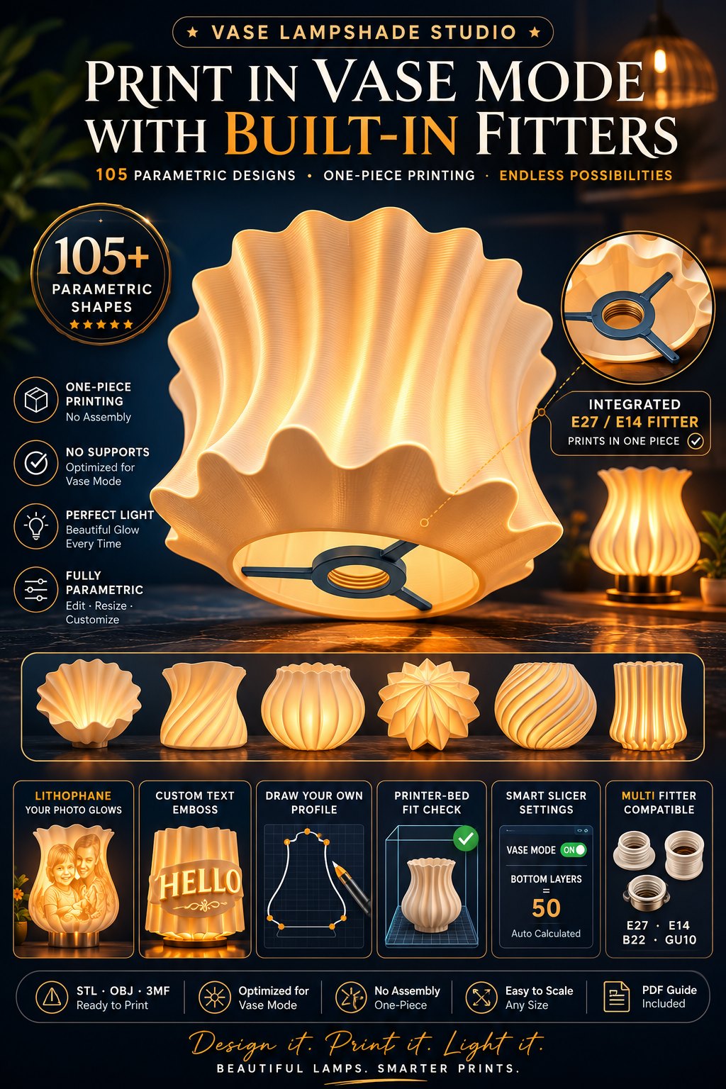 Vase Lampshade Studio — 3D Printable Lampshade Generator Software with Built-in E27/E14 Fitters bas-relief STL — view 2