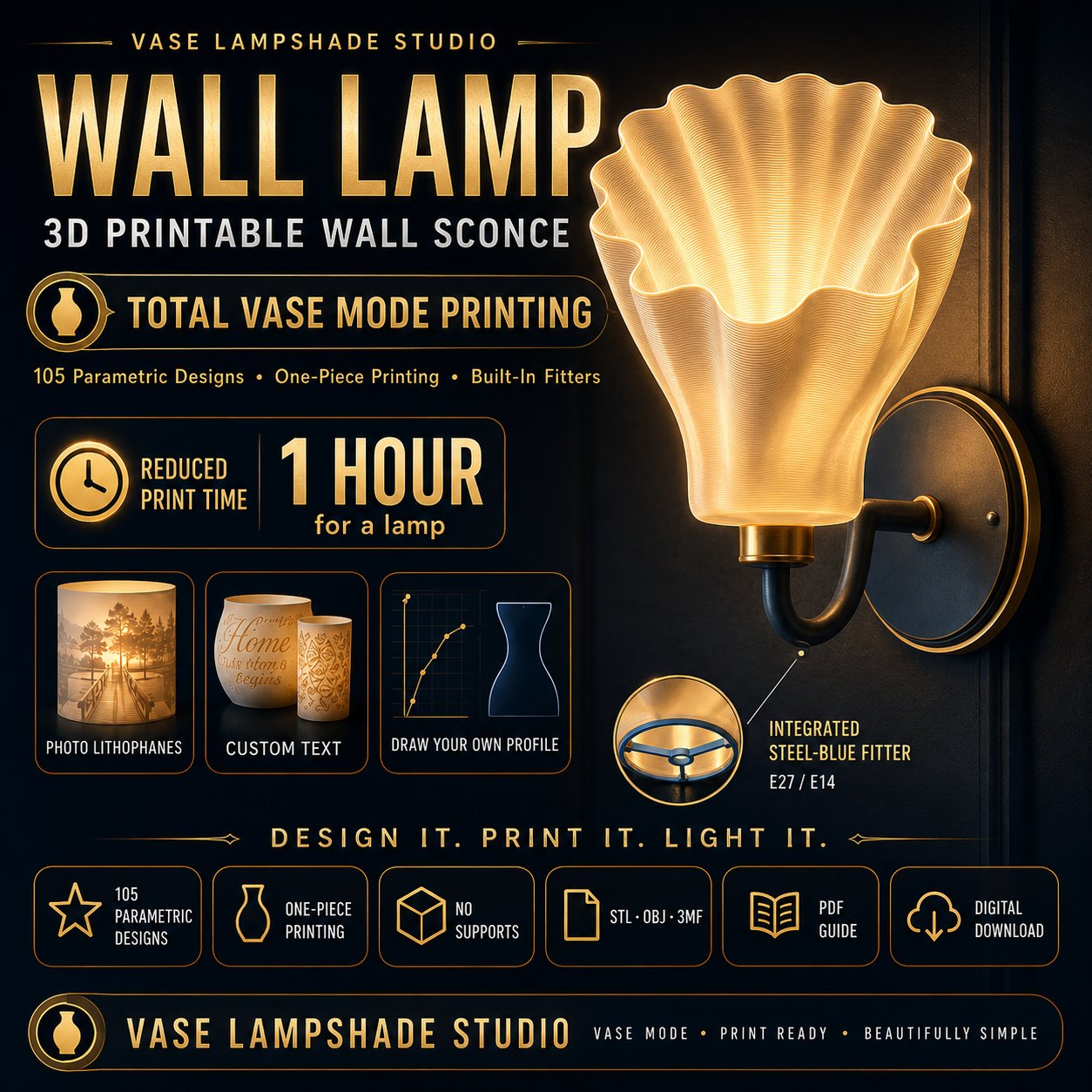 Vase Lampshade Studio — 3D Printable Lampshade Generator Software with Built-in E27/E14 Fitters bas-relief STL — view 3
