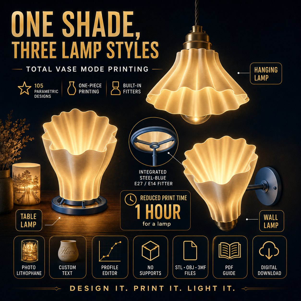 Vase Lampshade Studio — 3D Printable Lampshade Generator Software with Built-in E27/E14 Fitters bas-relief STL — view 4