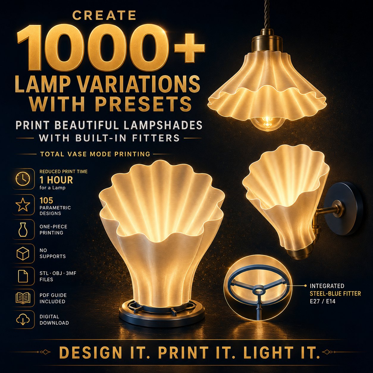 Vase Lampshade Studio — 3D Printable Lampshade Generator Software with Built-in E27/E14 Fitters bas-relief STL — view 5