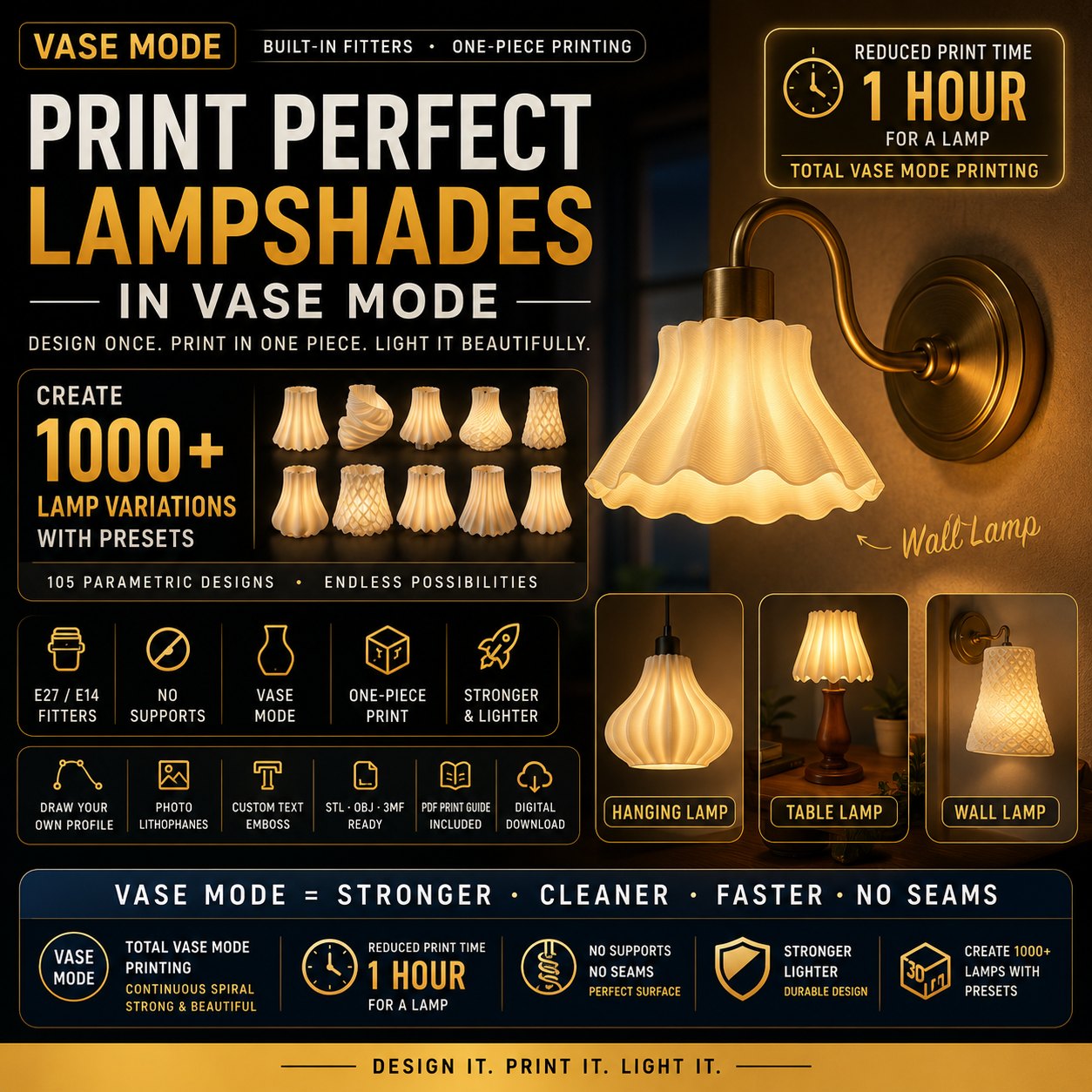 Vase Lampshade Studio — 3D Printable Lampshade Generator Software with Built-in E27/E14 Fitters bas-relief STL — view 6