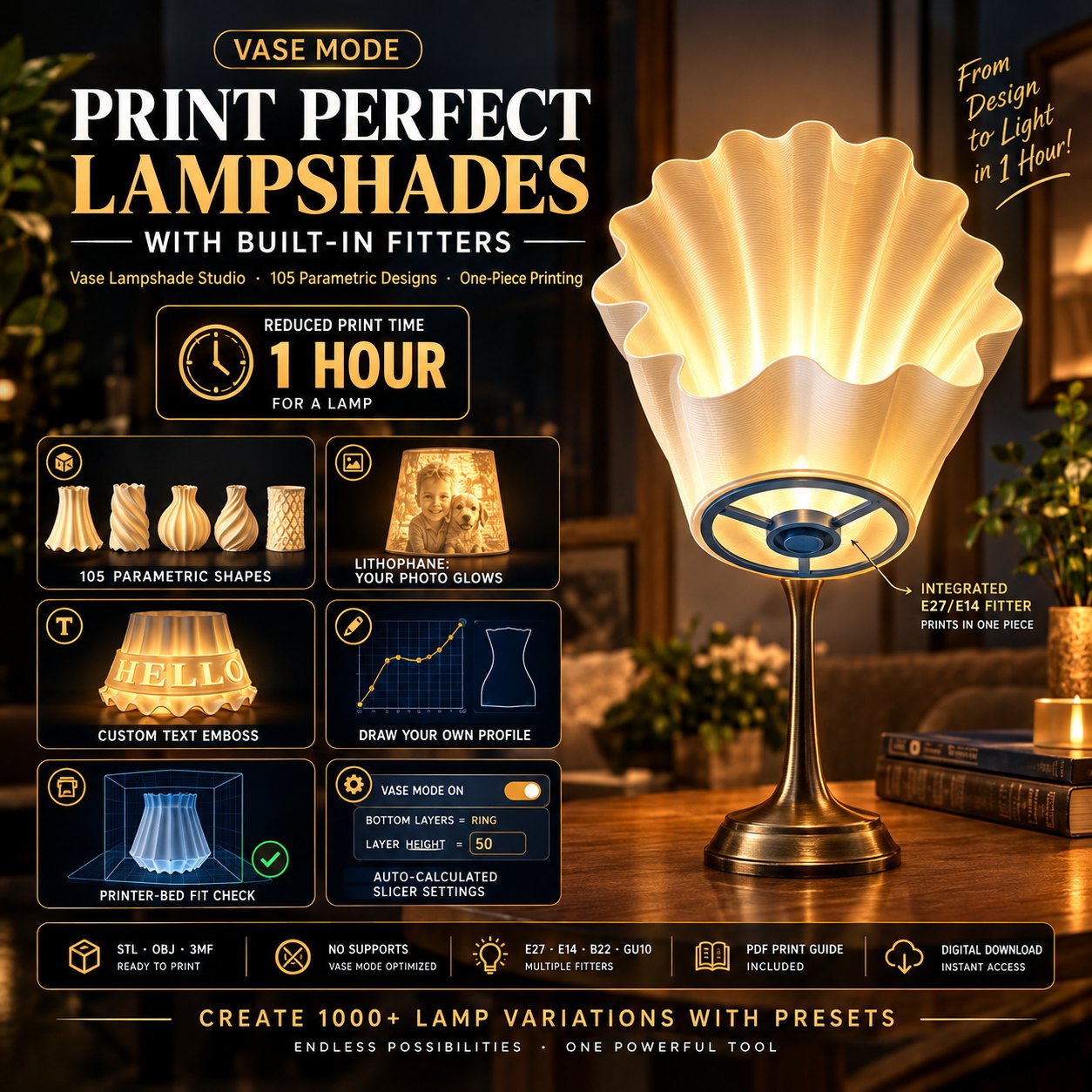 Vase Lampshade Studio — 3D Printable Lampshade Generator Software with Built-in E27/E14 Fitters bas-relief STL — view 7